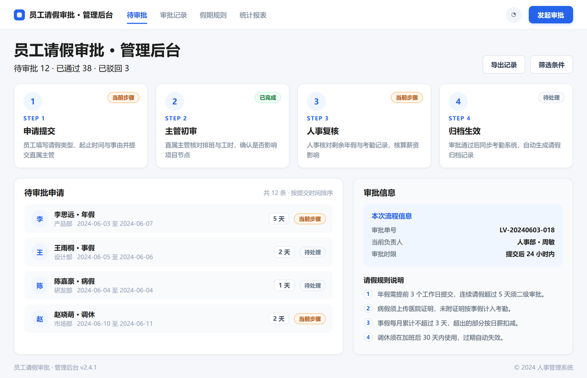 生成的员工请假审批管理后台页面